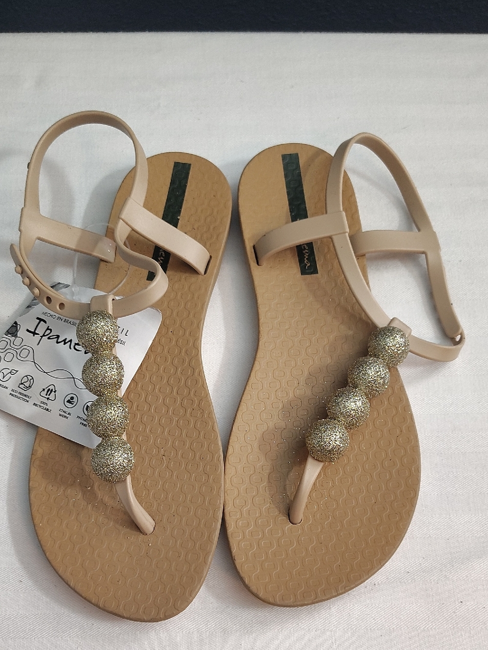 Ipanema Women’s Nude Glitter Sparkle Beaded T-Strap Sandals